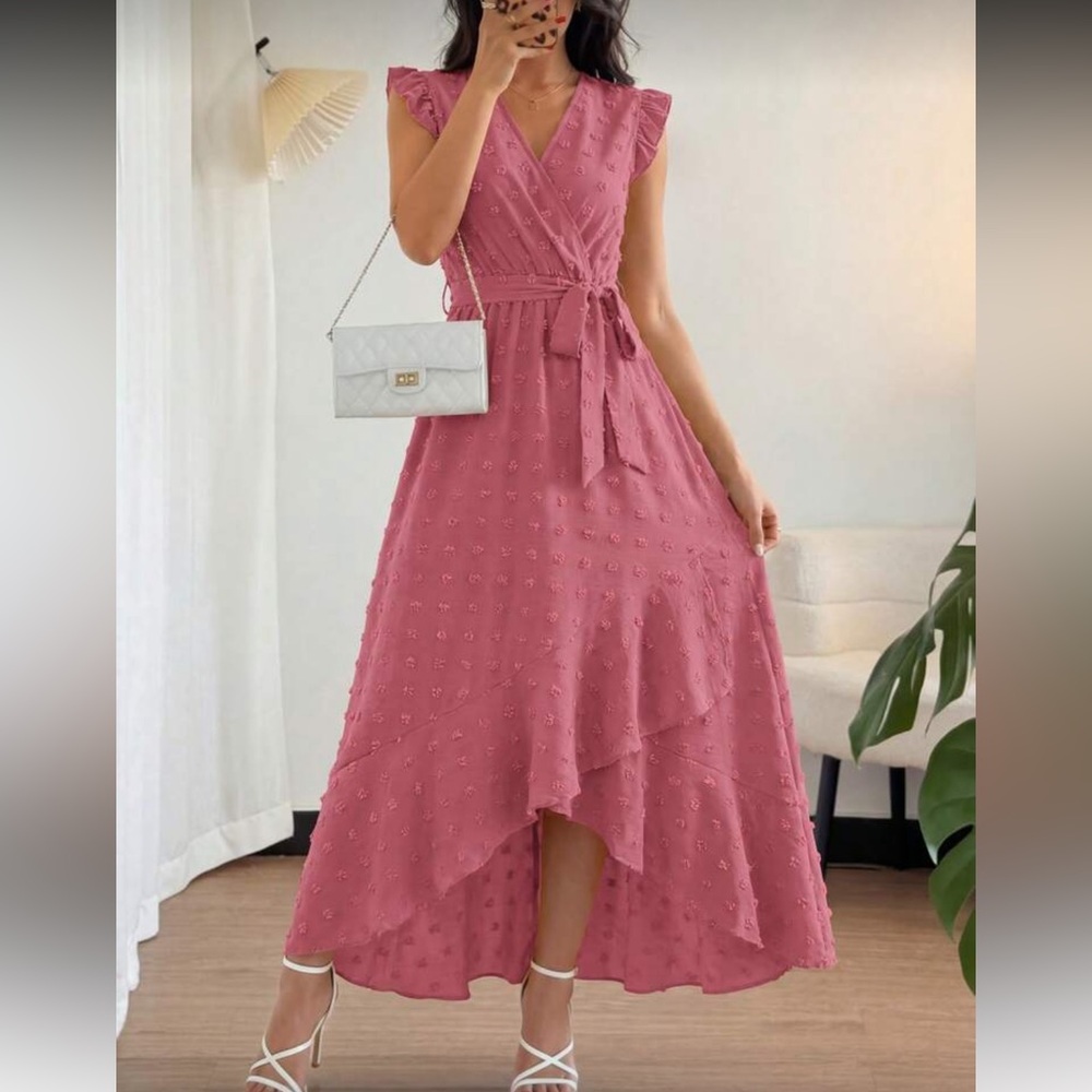 Elegant Pink High-Low Midi Dress with Tie Waist